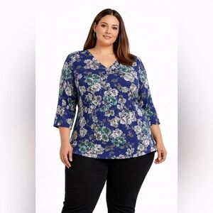 NWT Rose & Olive Blue Green Floral Blouse 3X 3/4 Sleeve V Neck